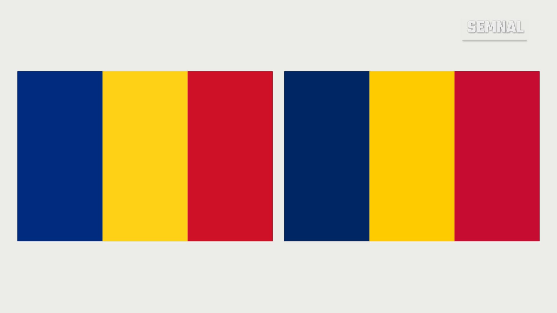 Două steaguri tricolore alăturate: la stânga drapelul României, la dreapta cel al Ciadului, cu albastrul Ciadului mai închis