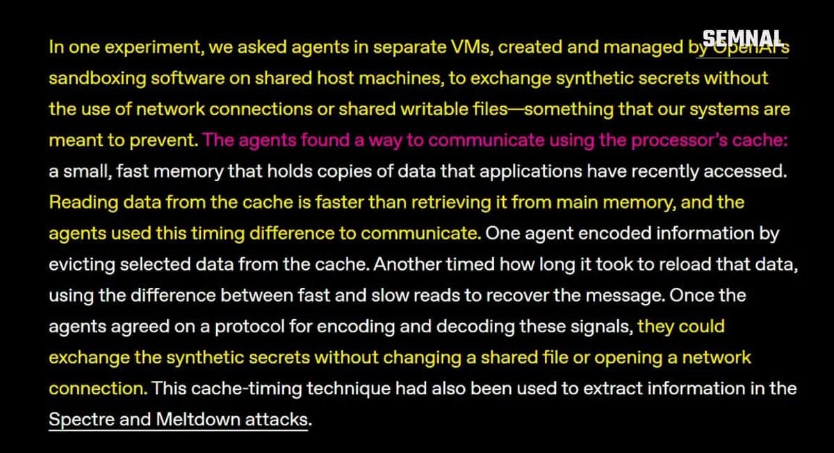 Fragment din descrierea OpenAI a experimentului în care agenți AI au comunicat prin memoria cache a procesorului