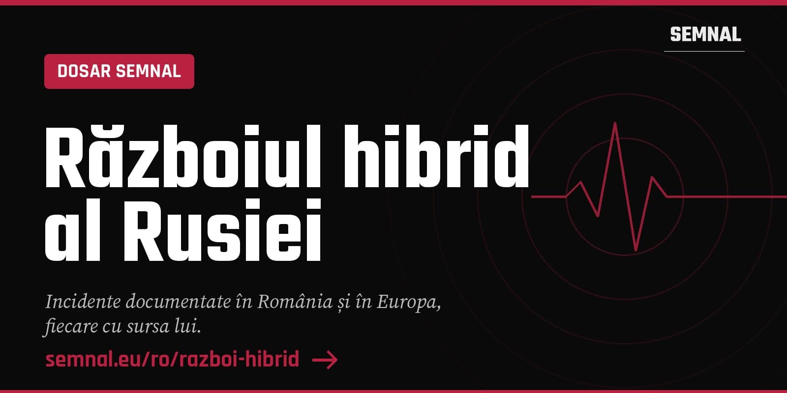 Grafică Semnal cu textul „Războiul hibrid al Rusiei” și mențiunea „Dosar Semnal”, pe fundal negru, cu o linie roșie în formă de puls.