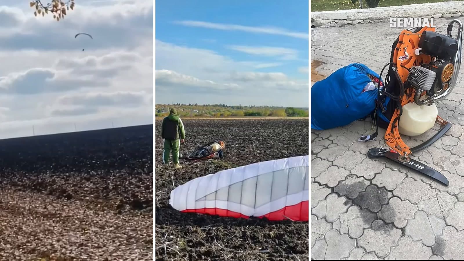 Motoparapantă în zbor deasupra unui câmp, parapanta roșu cu alb pe pământ lângă un polițist de frontieră și motorul aparatului, la Larga