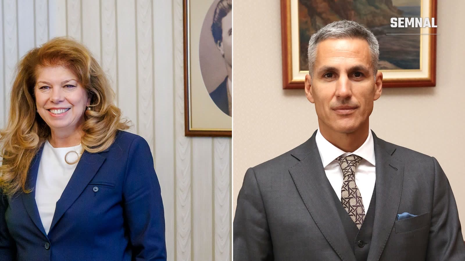 Iliana Iotova, în sacou bleumarin, și Andrei Giurov, în costum gri, în două portrete alăturate.