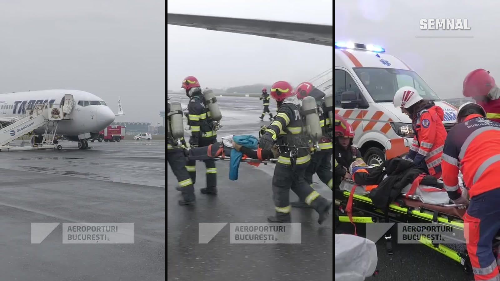Exercițiu pe Aeroportul Henri Coandă: avion TAROM pe platformă, pompieri care transportă o „victimă” pe targă și echipaj SMURD la ambulanță