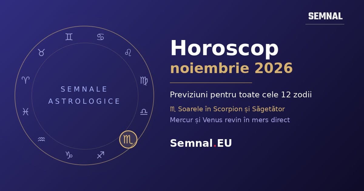 Roata zodiacală cu Scorpionul evidențiat, lângă titlul Horoscop noiembrie 2026