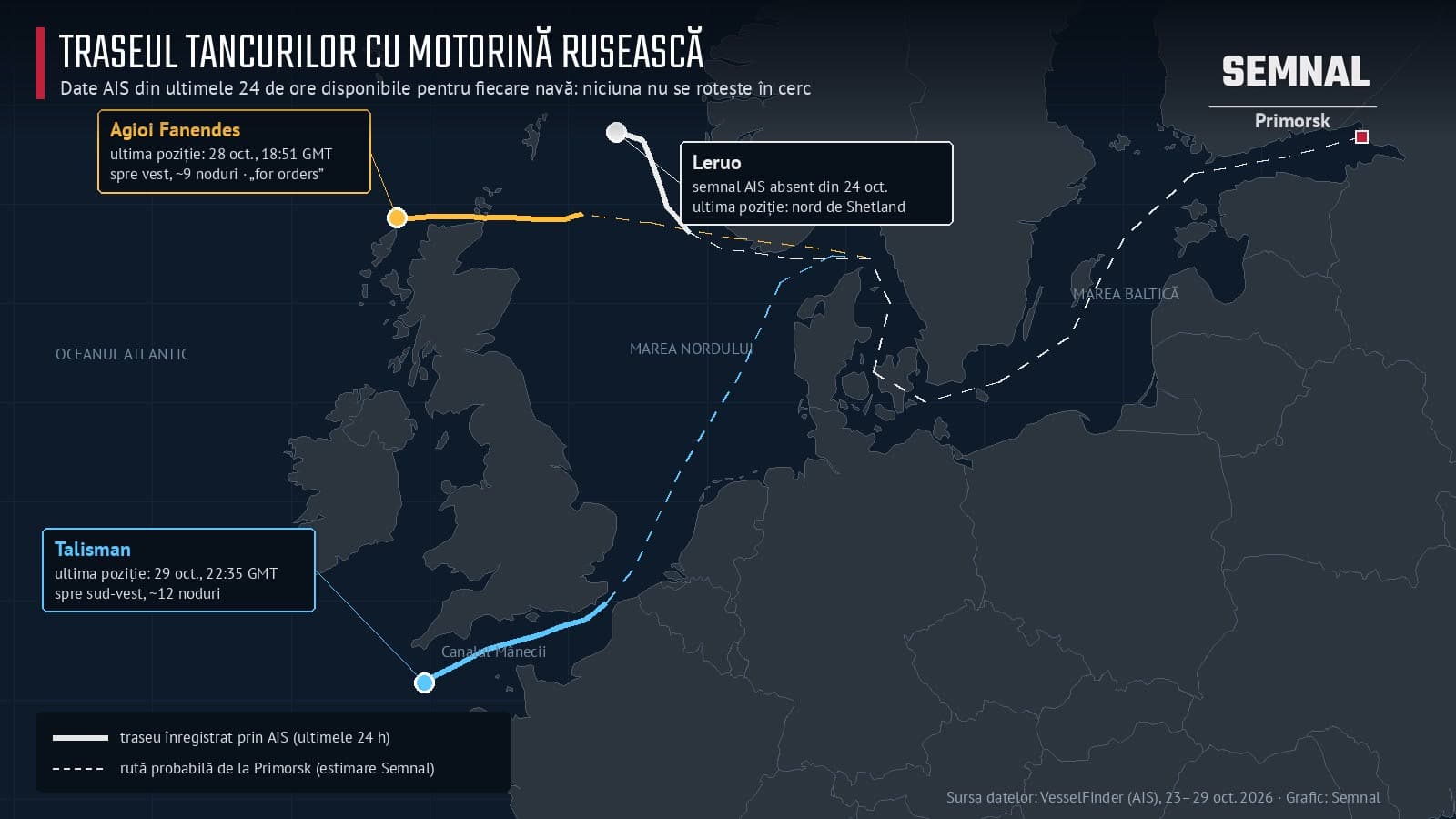 Hartă cu traseele tancurilor Agioi Fanendes, Talisman și Leruo de la Primorsk spre Atlantic, după datele AIS