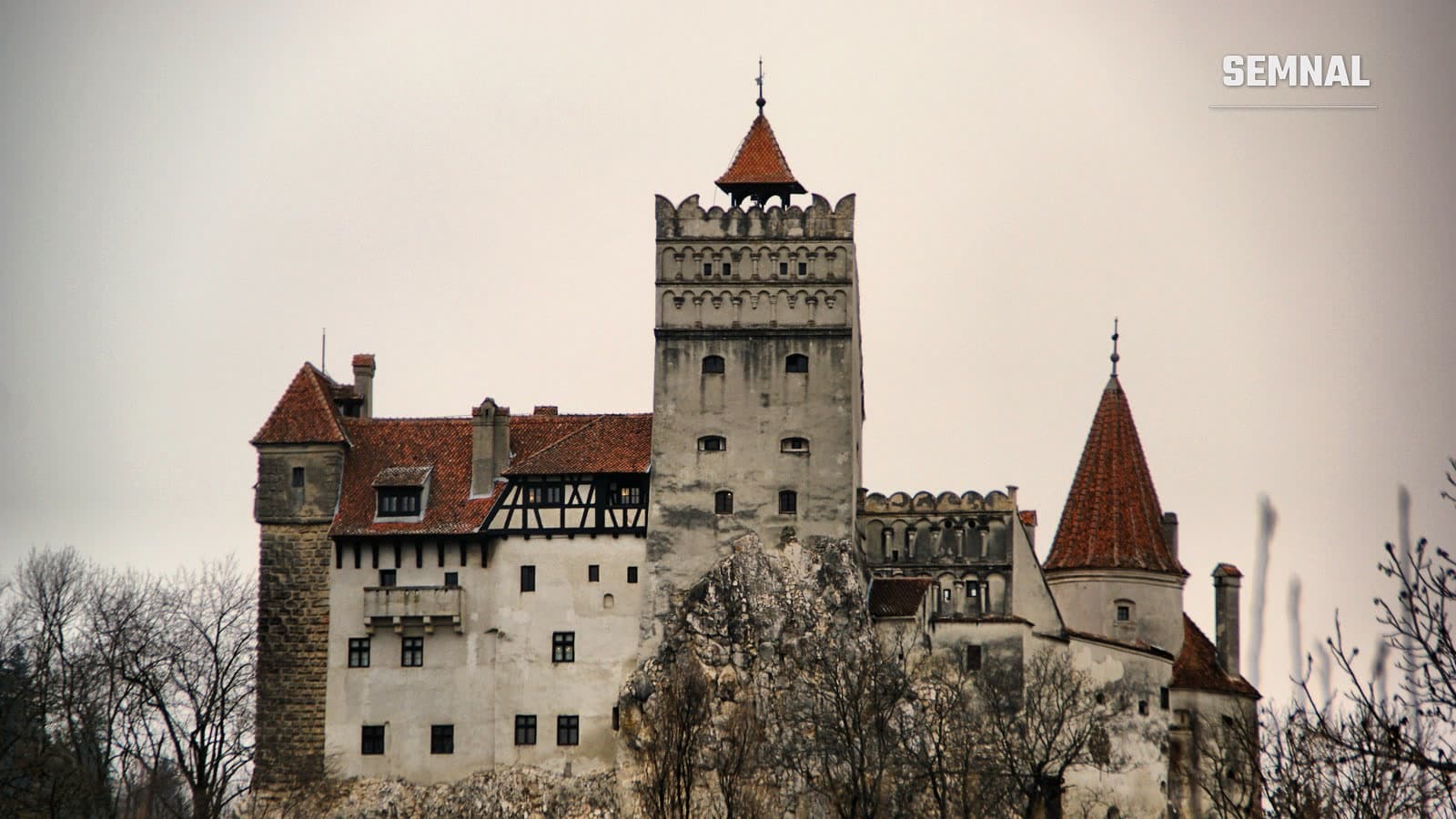Castelul Bran, cu turnul principal și acoperișurile roșii, deasupra unor copaci fără frunze, sub un cer cenușiu