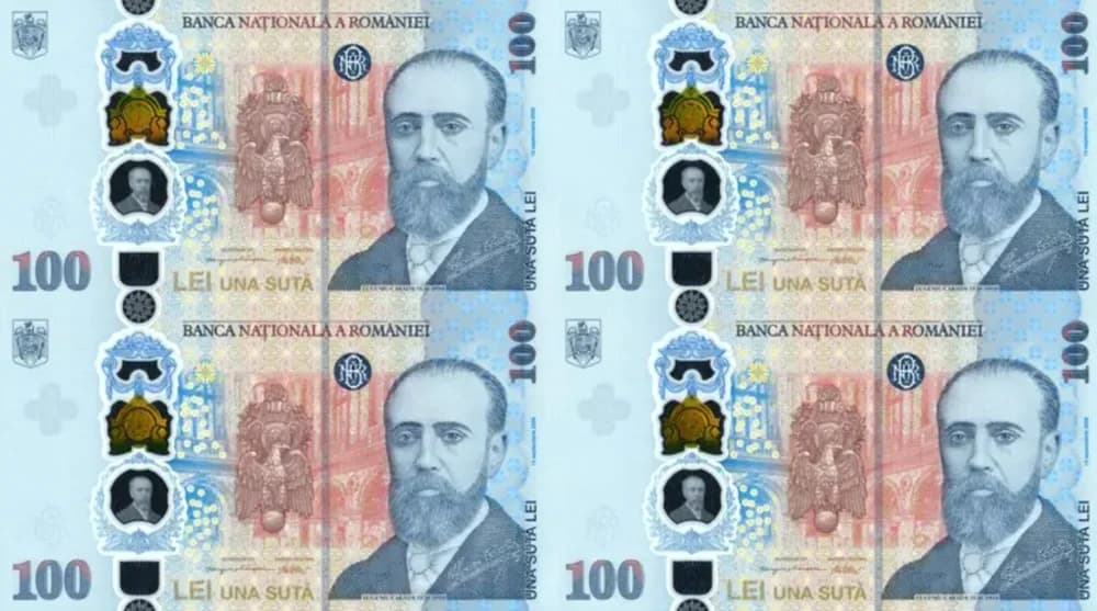 Bancnote de 100 și 200 de lei românești, așezate în teancuri pe o suprafață