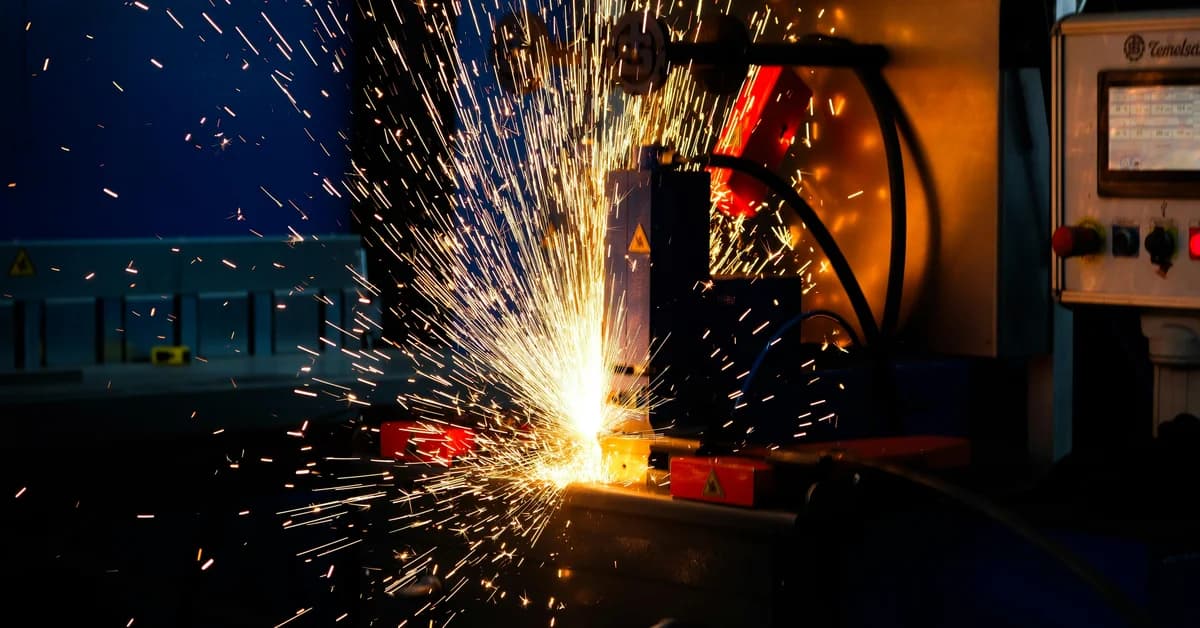 Un aparat industrial sudând metal, cu scântei numeroase zburând în jurul zonei de sudură.