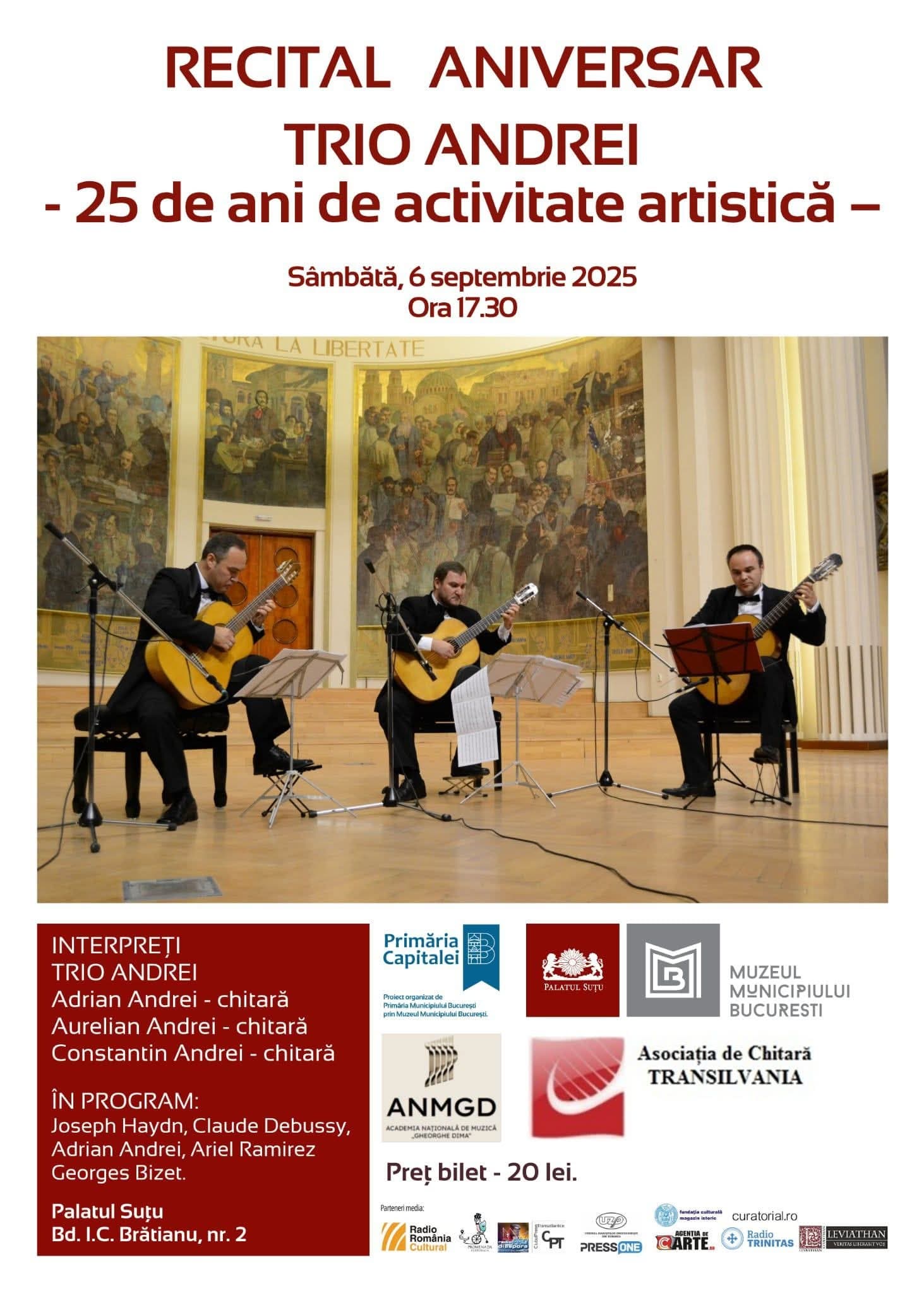Trio Andrei sărbătorește 25 de ani de activitate artistică cu un recital la Palatul Suțu