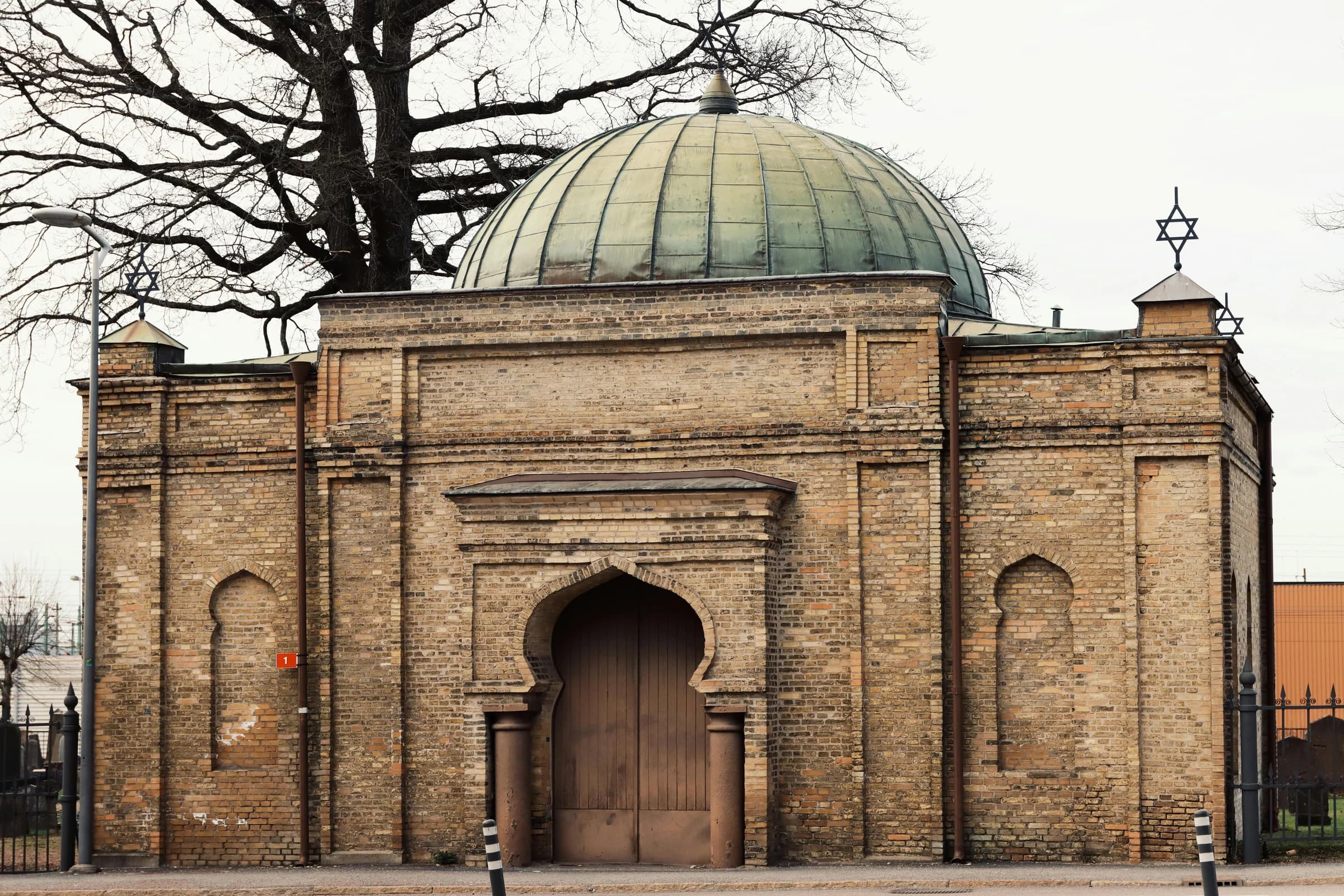 A historic synagogue captured in Gothenburg, Sweden showcasing architectural details and cultural significance.