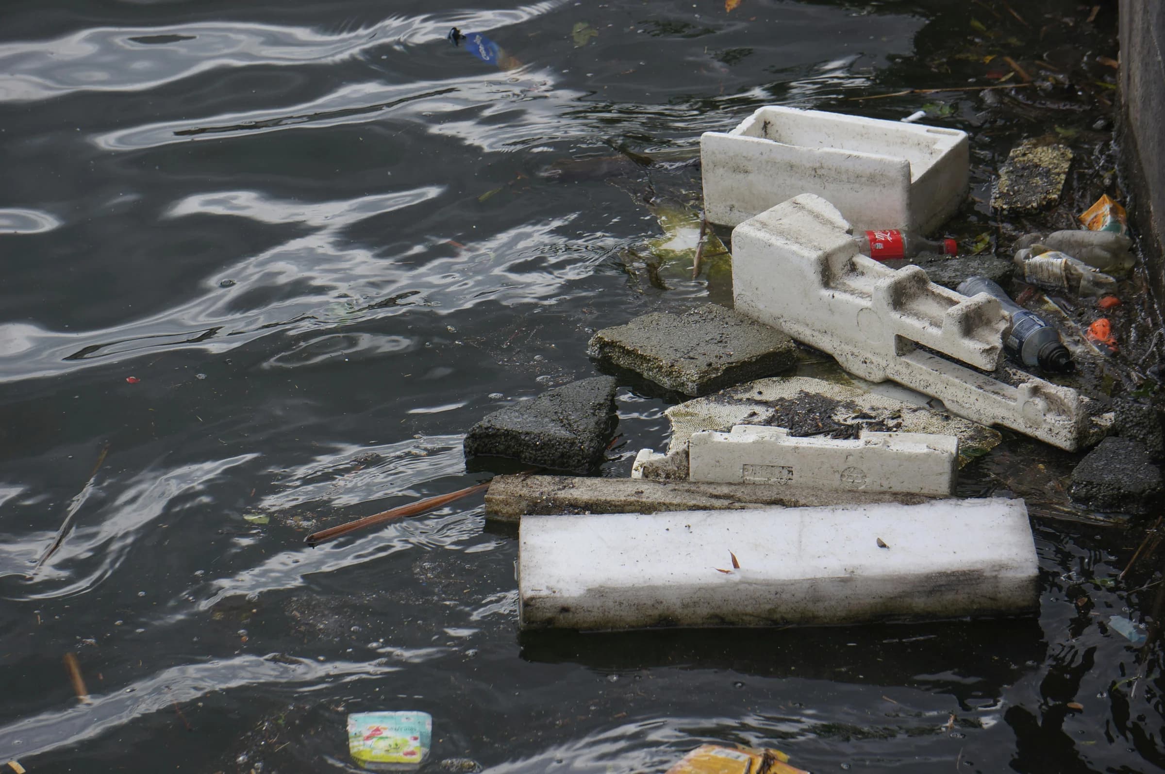 Plastic and waste litter polluting a waterway, highlighting environmental concerns.