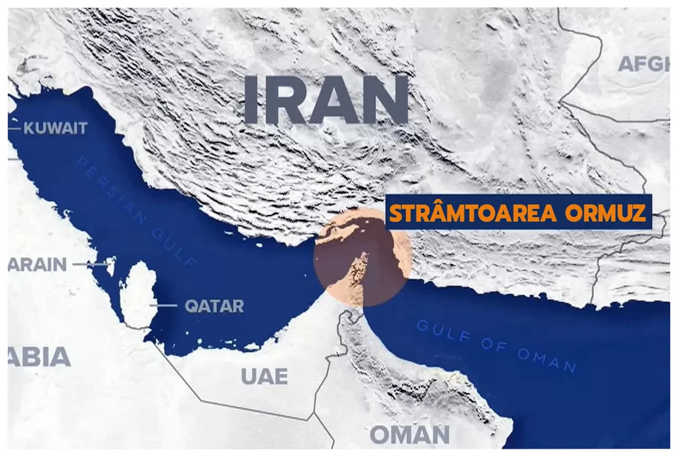 Hartă regională a Golfului Persan cu Iran și țările vecine, evidențiind Strâmtoarea Ormuz prin marcaj portocaliu, ilustrând zona strategică de importanță geopolitică dintre Iran și Peninsula Arabă.