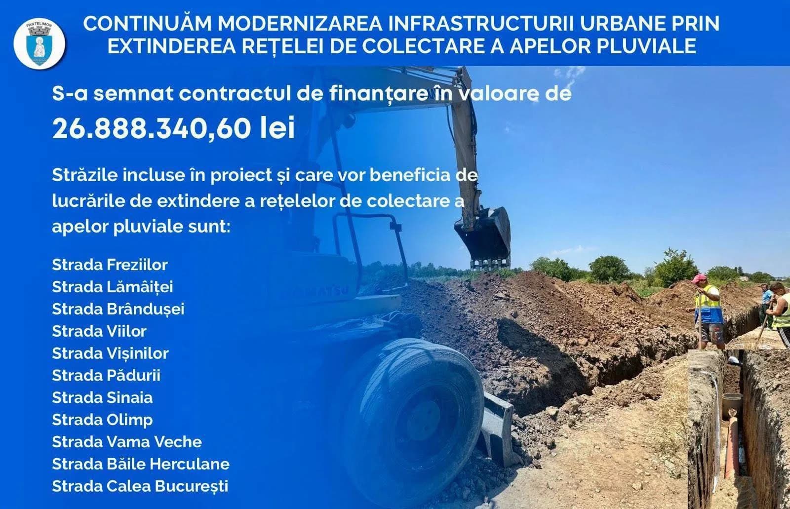 Excavator sapă un șanț pentru rețeaua de ape pluviale, la Pantelimon