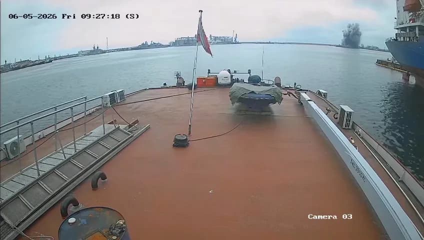 Momentul exploziei dronei maritime în Portul Constanța, surprins de camera unei nave