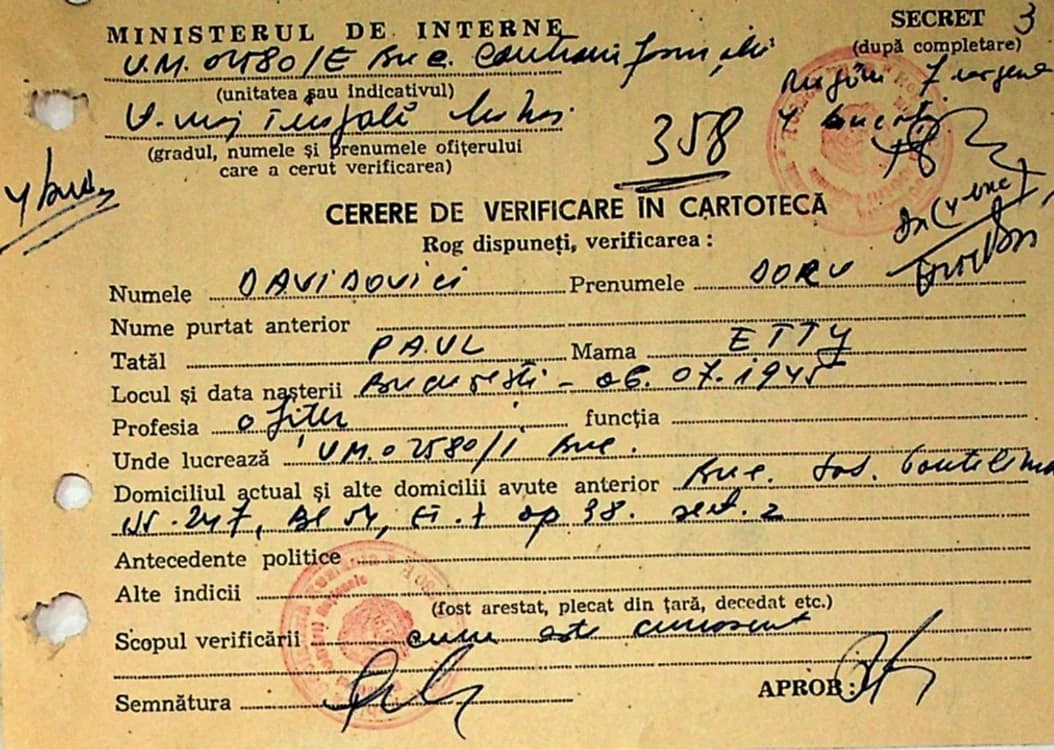Fila dosar Securitate Doru Davidovici