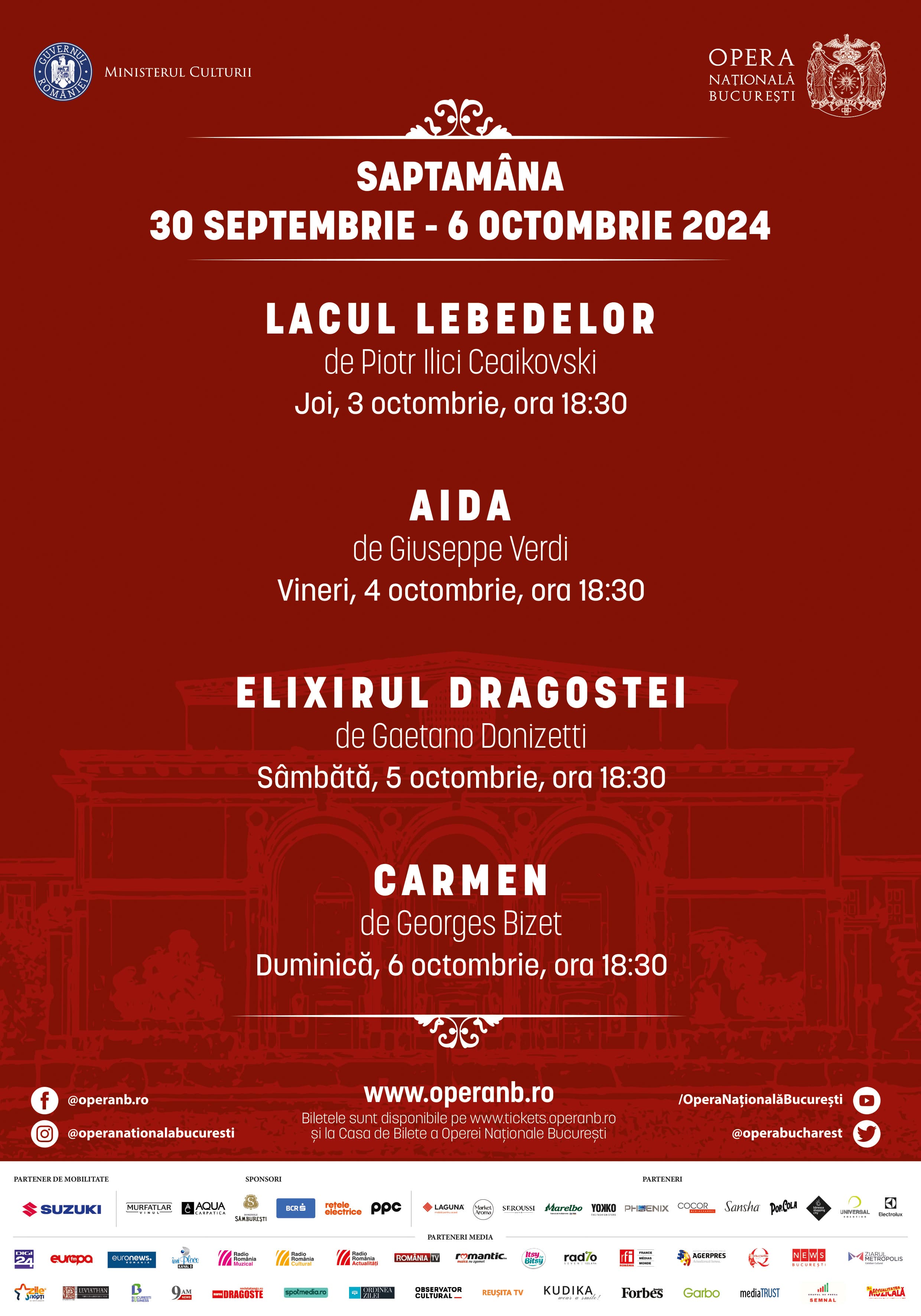 Lacul lebedelor, Aida, Elixirul dragostei și Carmen, în programul Operei bucureștene la început de octombrie
