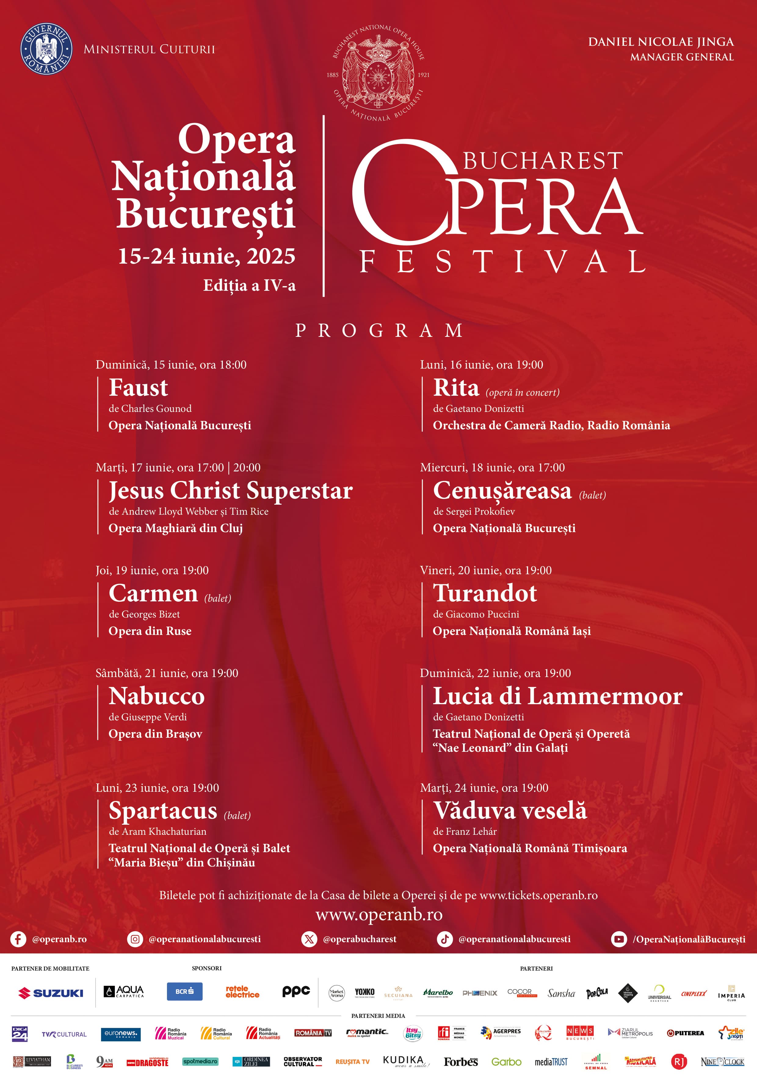 10 spectacole invitate de operă, balet, musical şi operetă la Bucharest Opera Festival, ediţia a patra,  între 15 și 24 iunie, pe scena ONB