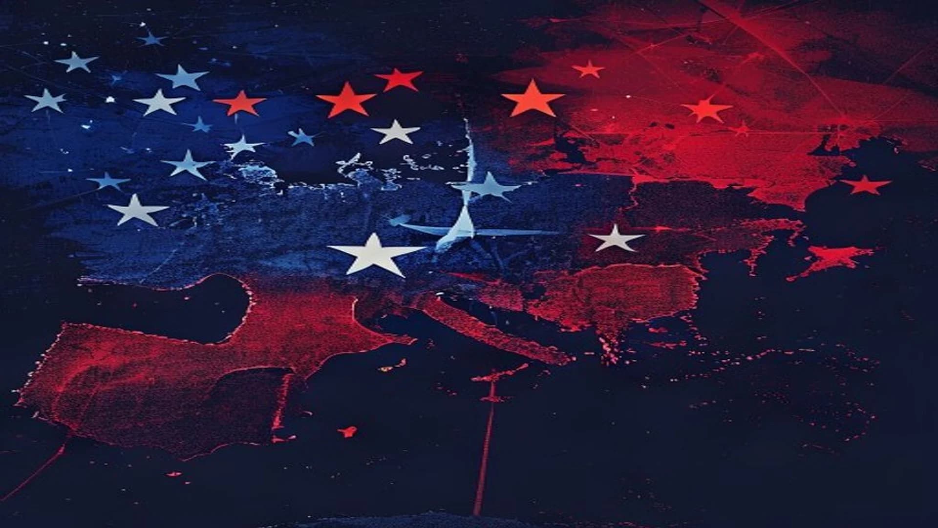 Reprezentare editoriala a noii umbrele nucleare europene si Acordului Northwood: harta Europei in tonuri navy si crimson, stele UE
