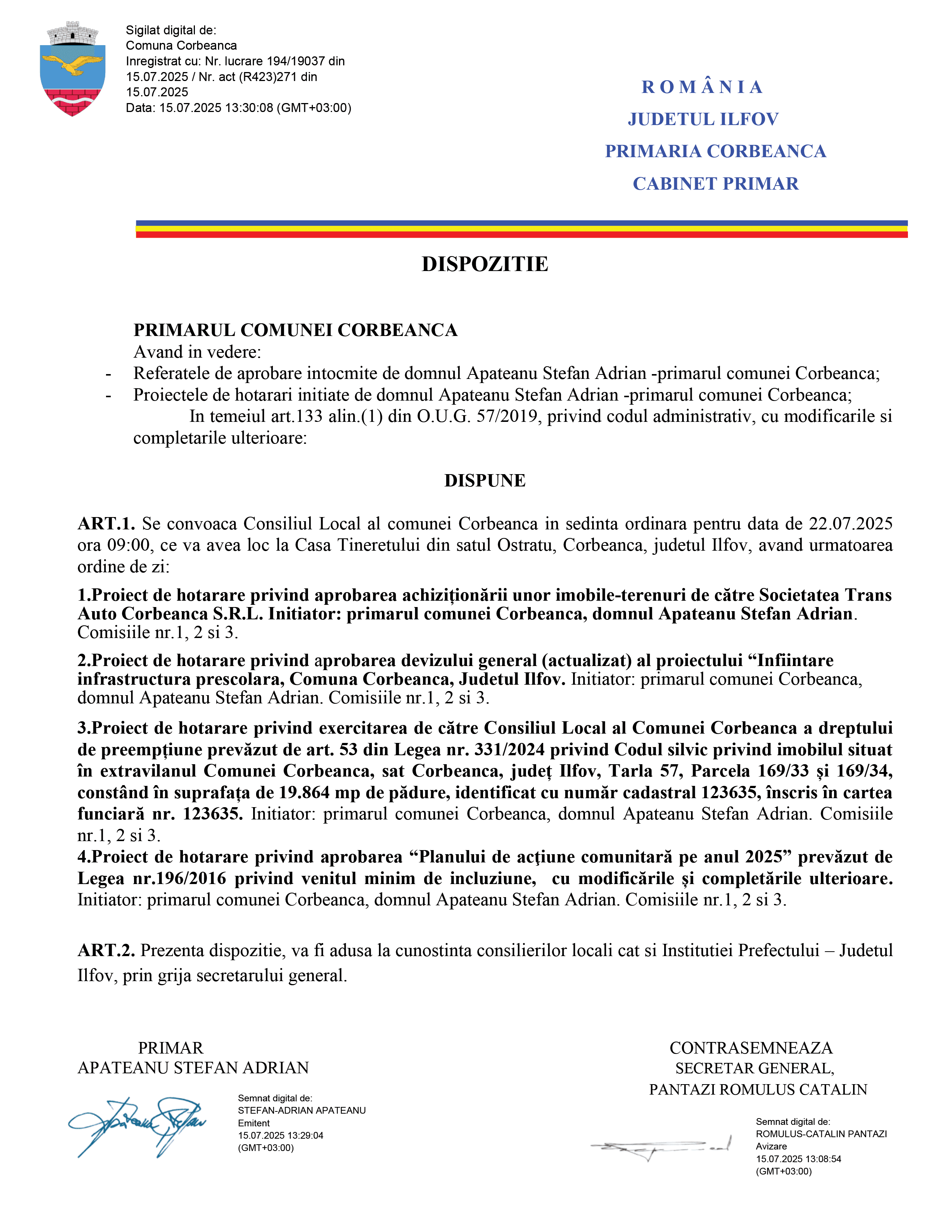 Convocare Consiliu Local comuna Corbeanca în ședință ordinară pentru data de 22.07.2025