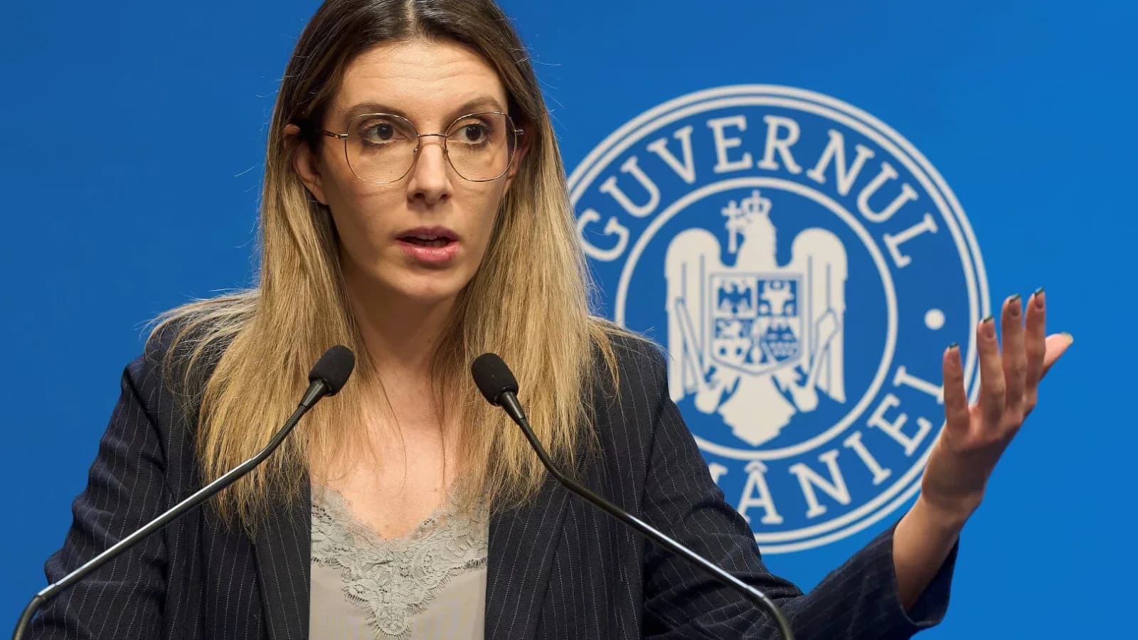 Diana Buzoianu, la Guvernul României susținând o conferință de presă.