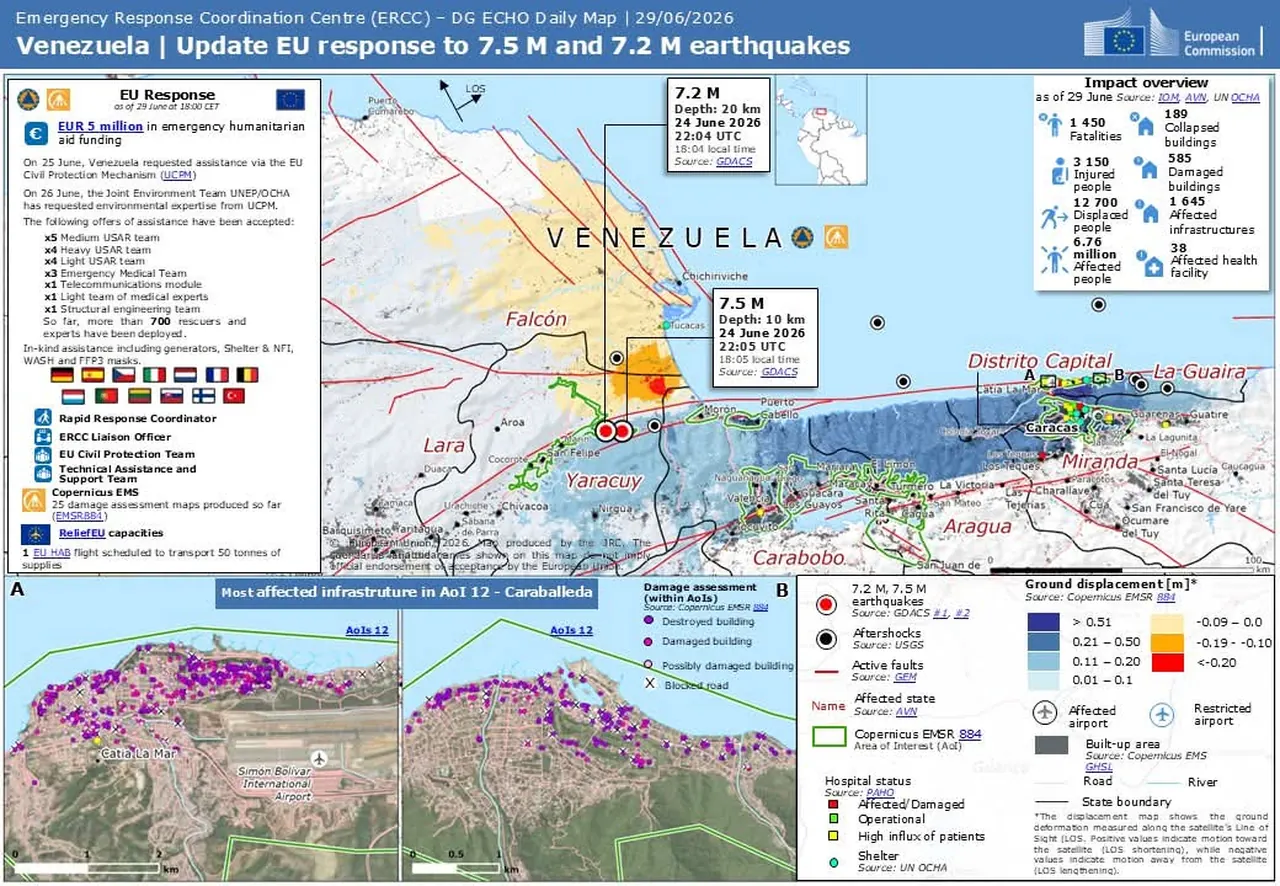 Harta ERCC din 29 iunie 2026 cu raspunsul UE la cutremurele din Venezuela si evaluarea pagubelor prin satelit
