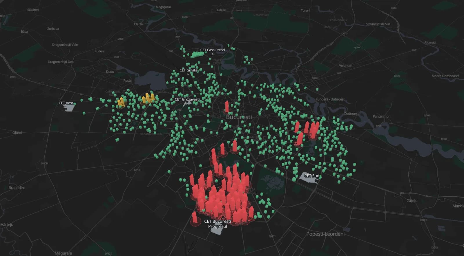 Harta 3D a Bucureștiului cu punctele termice ca niște coloane colorate după stare: cele oprite și cele cu deficiențe ies în evidență, mai înalte decât restul.