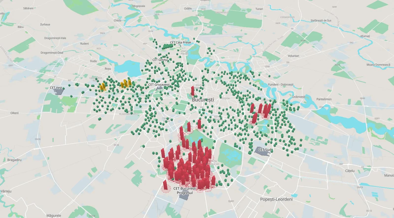 Harta 3D a Bucureștiului cu punctele termice ca niște coloane colorate după stare: cele oprite și cele cu deficiențe ies în evidență, mai înalte decât restul.