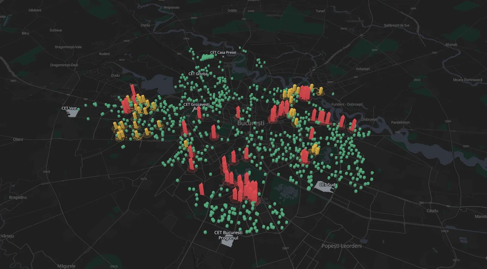 Harta 3D a Bucureștiului cu punctele termice ca niște coloane colorate după stare: cele oprite și cele cu deficiențe ies în evidență, mai înalte decât restul.