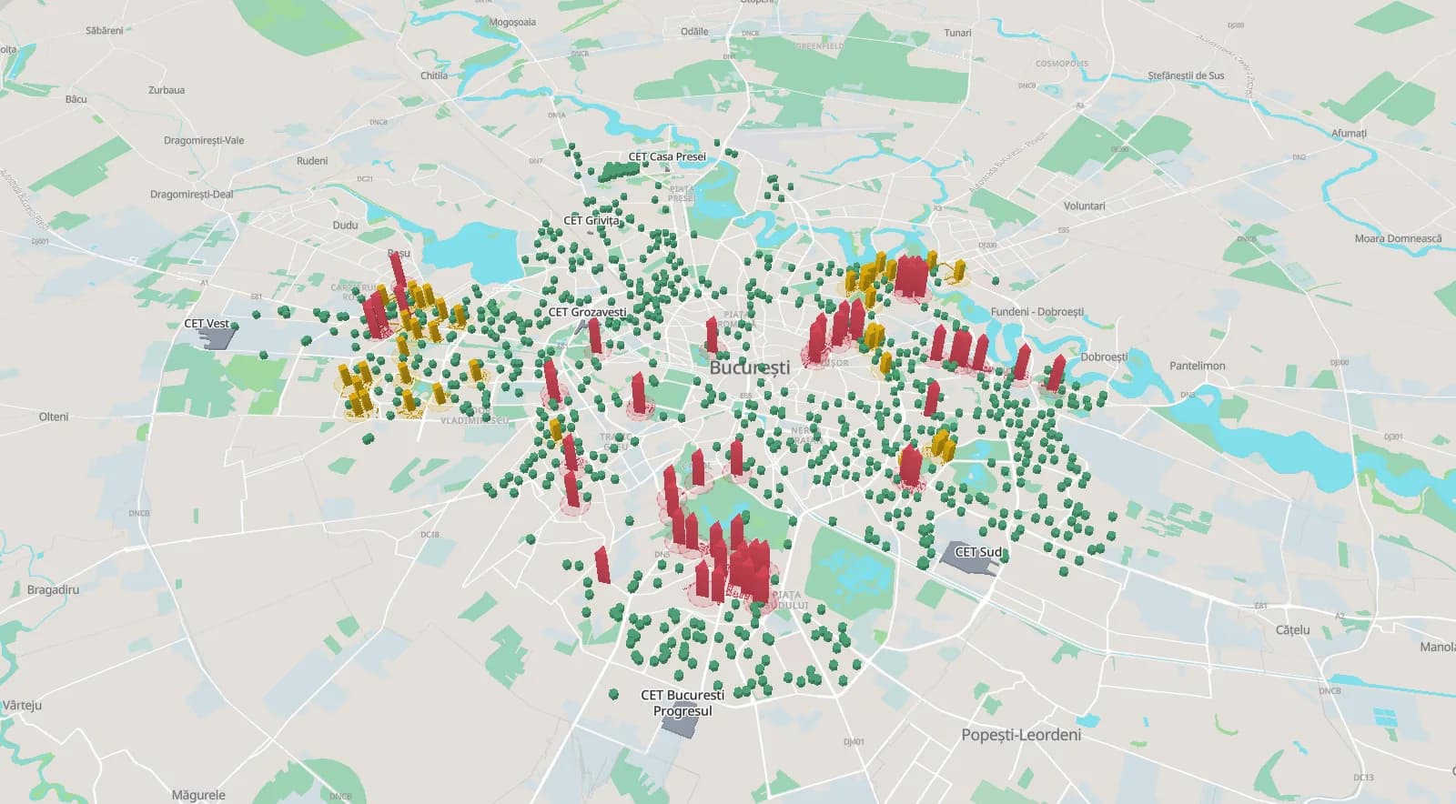 Harta 3D a Bucureștiului cu punctele termice ca niște coloane colorate după stare: cele oprite și cele cu deficiențe ies în evidență, mai înalte decât restul.