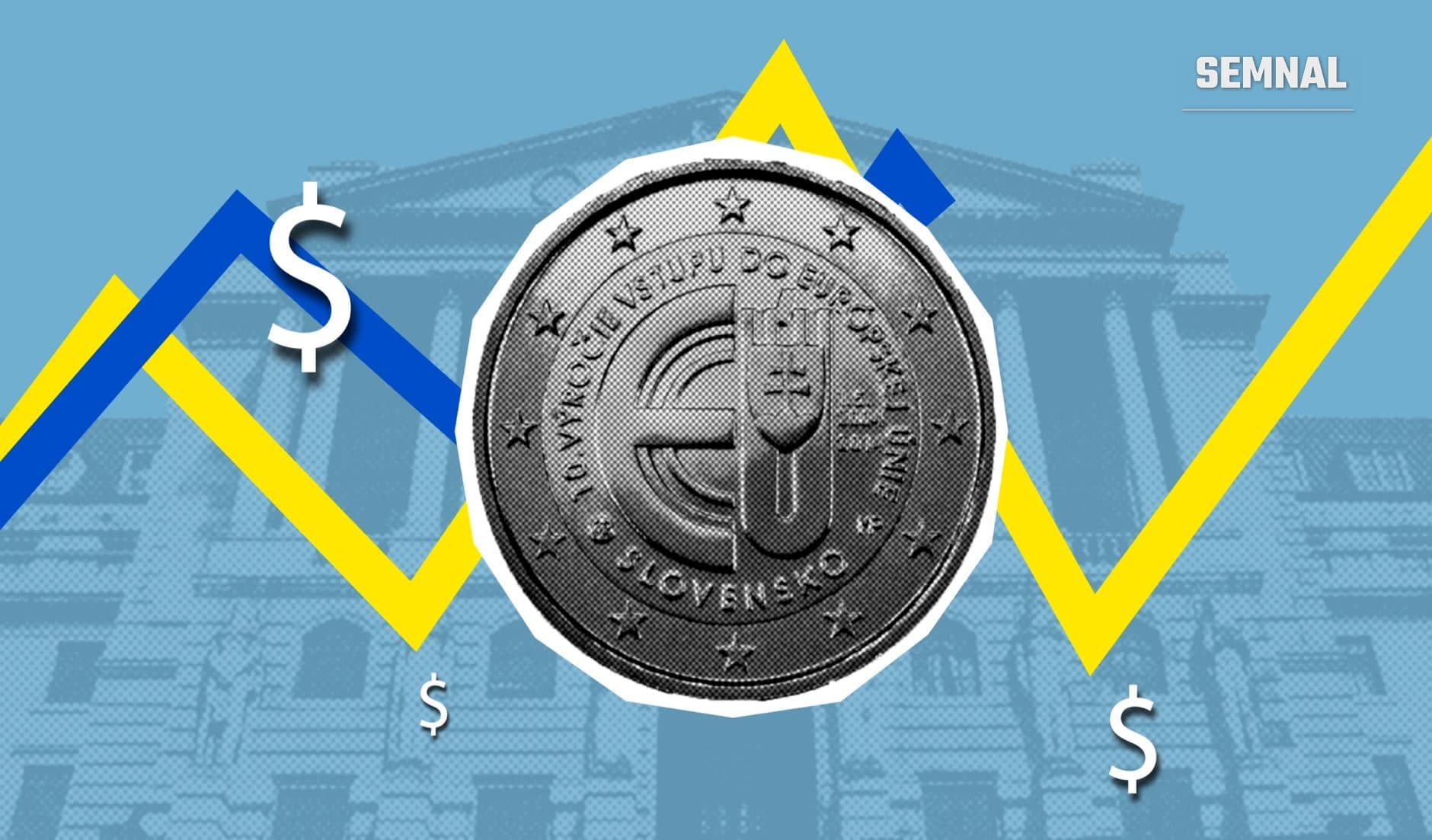 Monedă euro în prim-plan cu simbol EUR și grafice financiare cu linii albastre și galbene reprezentând fluctuații de curs, pe fundal cu clădiri institucionale europene (Foto: Monstera Production / Pexels)