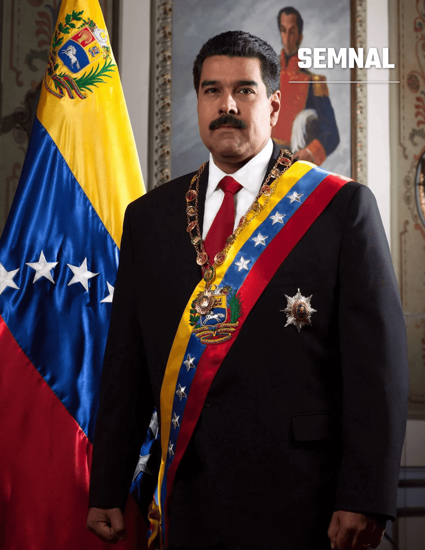 Nicolas Maduro, fostul președinte al Venezuelei, în portret oficial cu banderolă și medalii prezidențiale, alături de drapelul național. (Foto: Presidency of Bolivarian Republic of Venezuela)