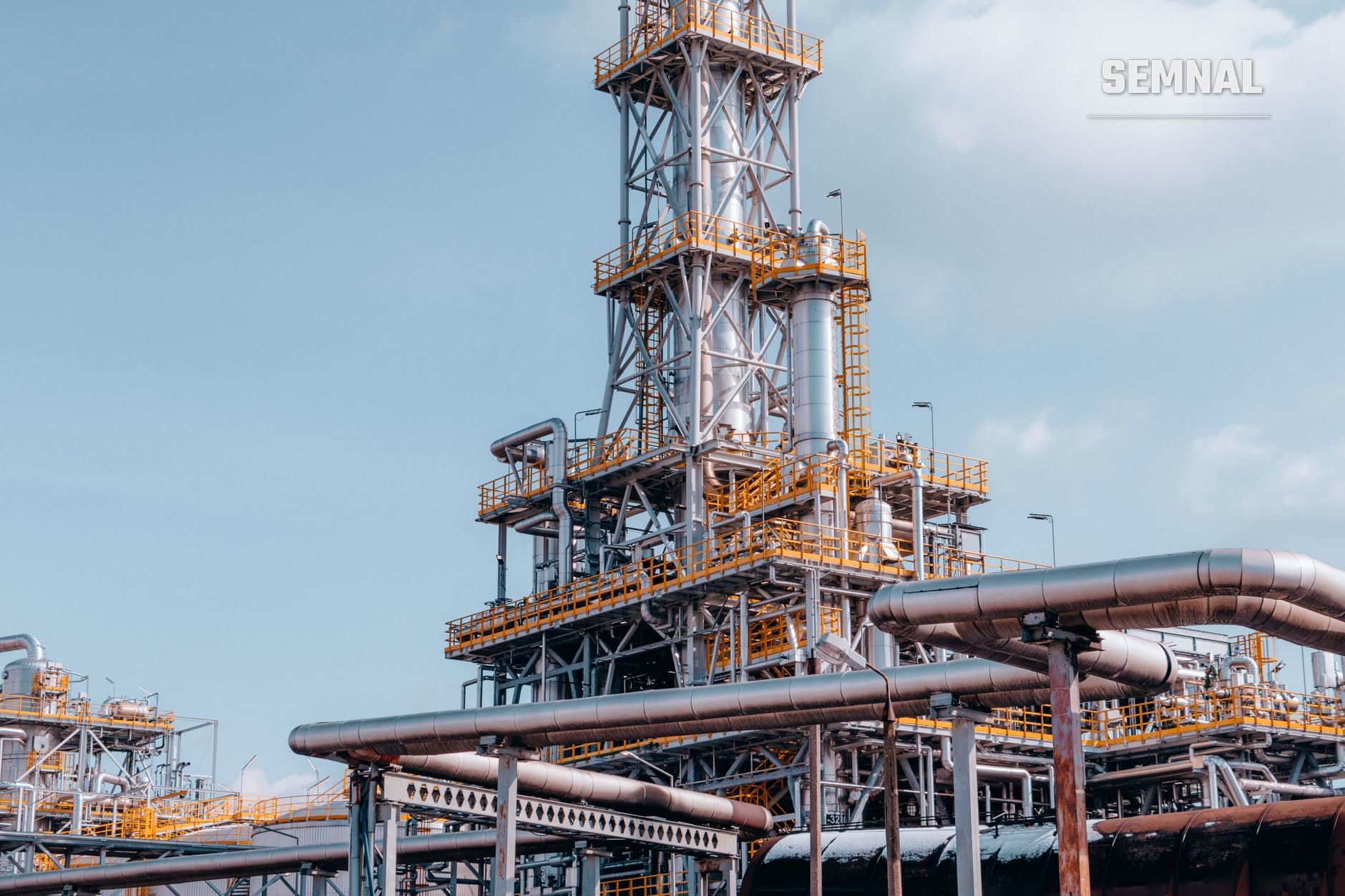 Rafinerie de petrol cu turnuri de distilare, structuri metalice galbene și conducte mari de oțel, ilustrând industria petrolieră și procesul de prelucrare a titeiului (Foto: Jakub Pabis / Pexels)