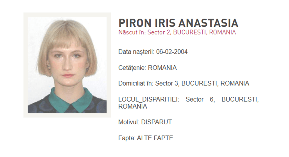Piron Iris Anastasia, fotografie din baza de date a persoanelor dispărute a Poliției Române