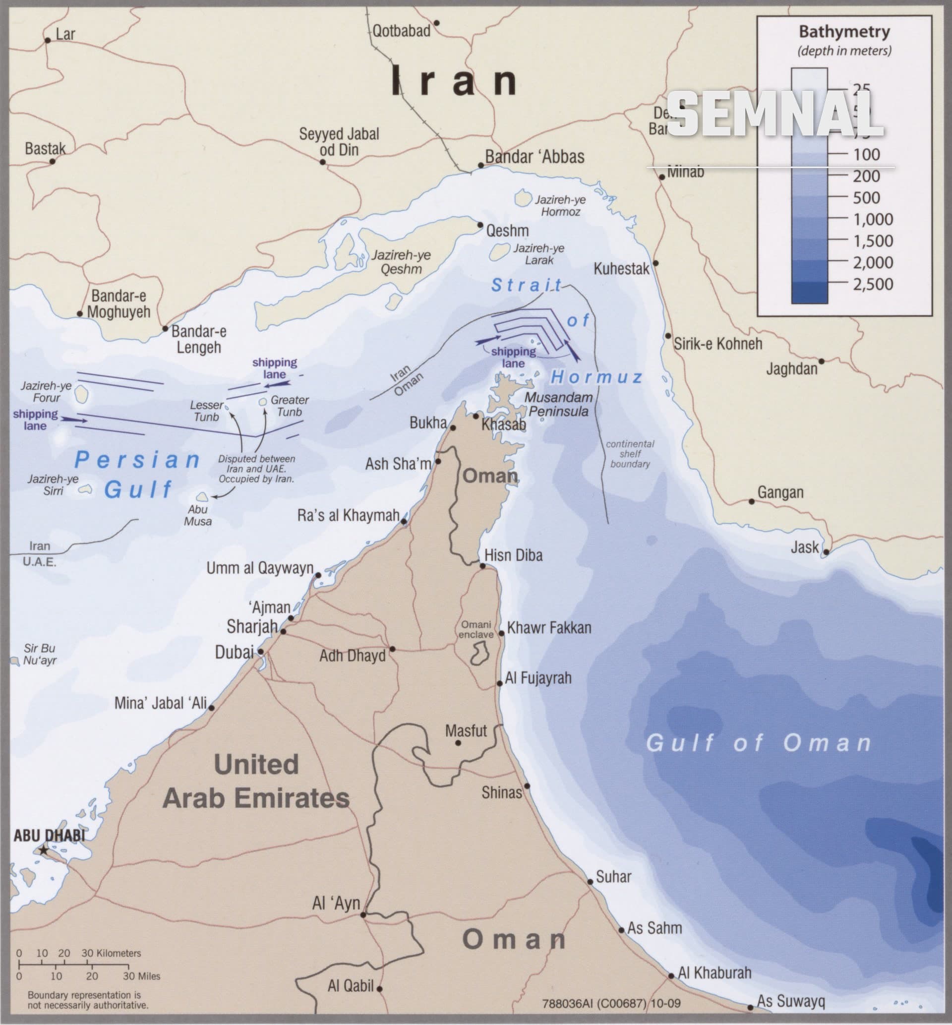 Hartă a Strâmtorii Ormuz, între Iran, Oman și Emiratele Arabe Unite, realizată de CIA
