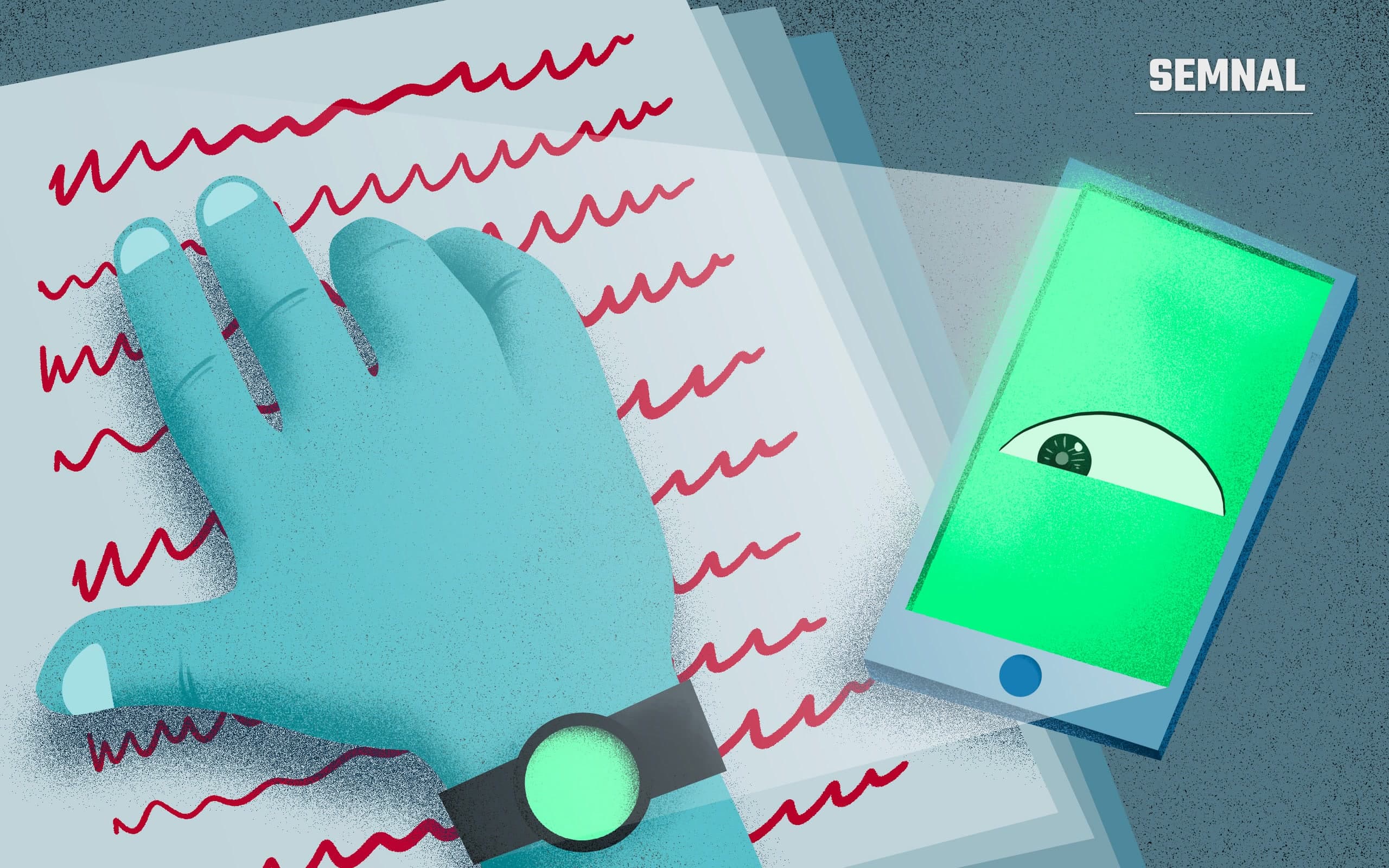 Ilustrație cu un ochi care privește dintr-un ecran de telefon, deasupra unor documente, simbolizând spionarea prin spyware