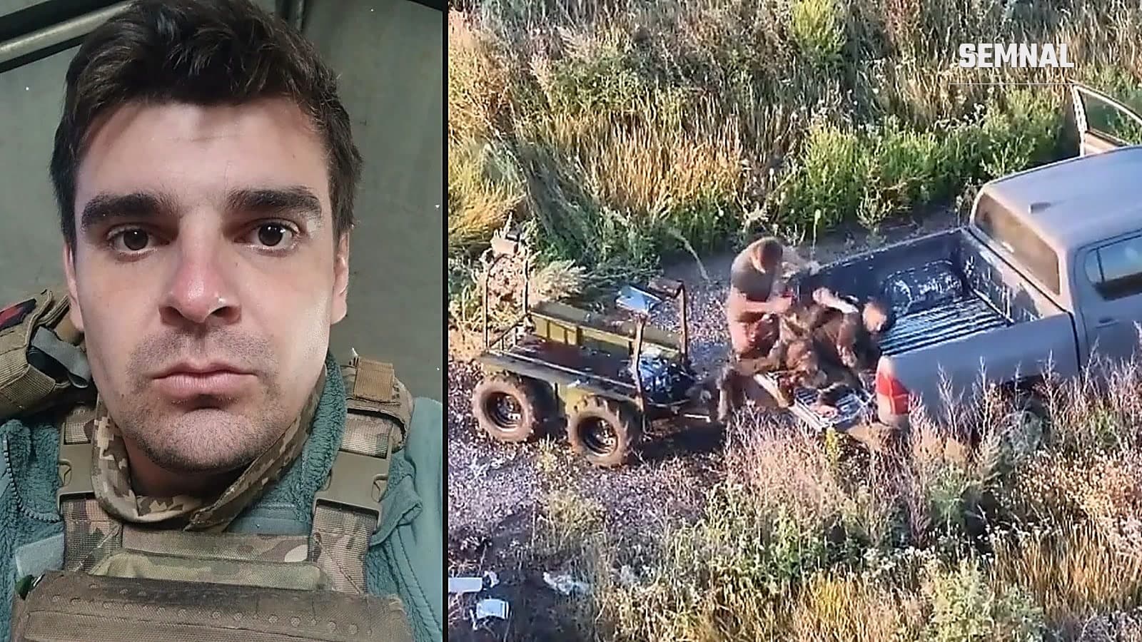 Portret al sublocotenentului ucrainean Vladislav Polski, alături de cadrul filmat din dronă în care mută doi militari răniți dintr-un robot terestru avariat în bena unui pickup