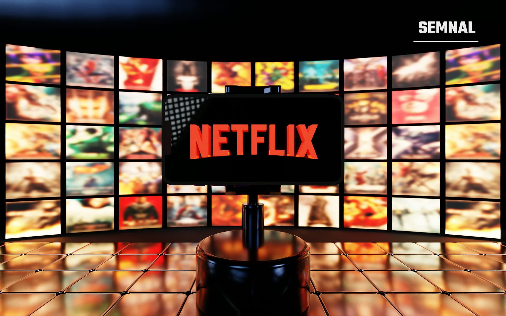 Logo-ul roșu Netflix afișat pe ecranul unui smartphone, pe fundalul unor afișe colorate de filme