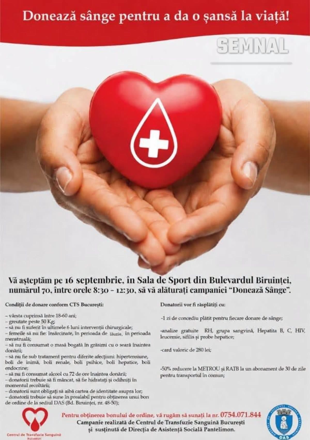Afiș al campaniei „Donează sânge pentru a da o șansă la viață", cu două mâini care țin o inimă roșie simbolică cu semnul picăturii de sânge