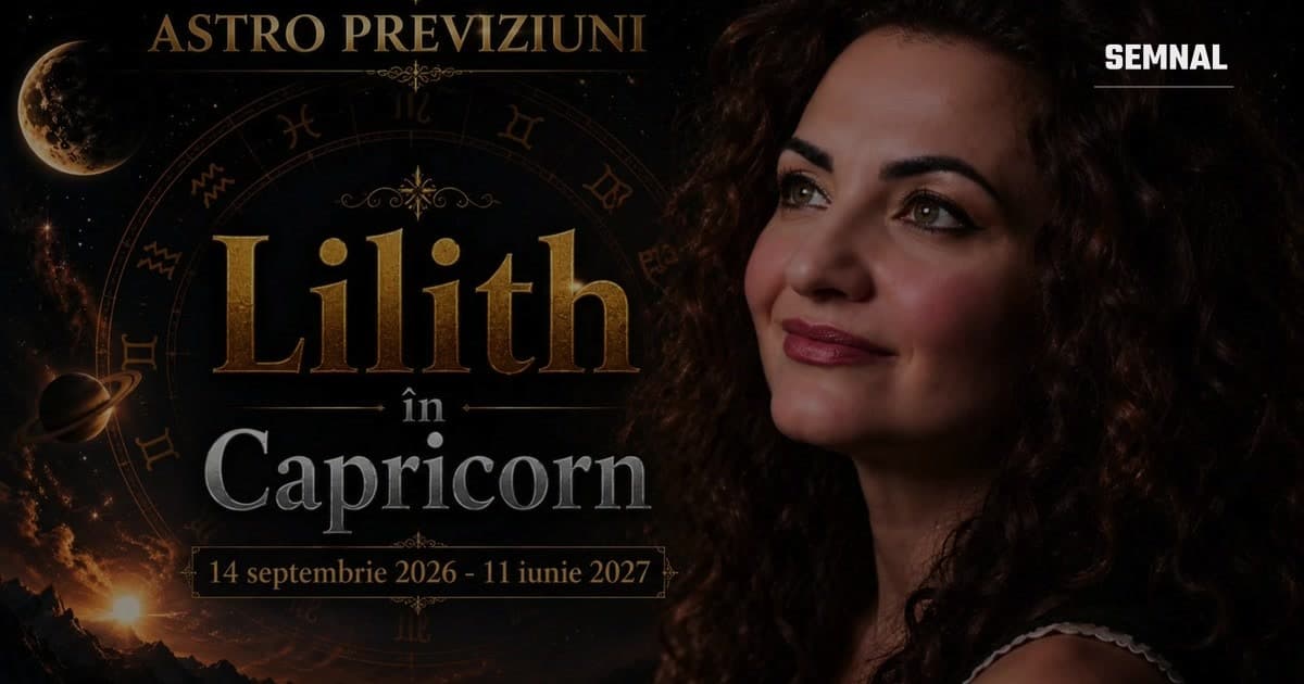 Carton de titlu Astro Previziuni: Lilith în Capricorn, 14 septembrie 2026 - 11 iunie 2027, cu roata zodiacală, Luna și Rodica Spînu
