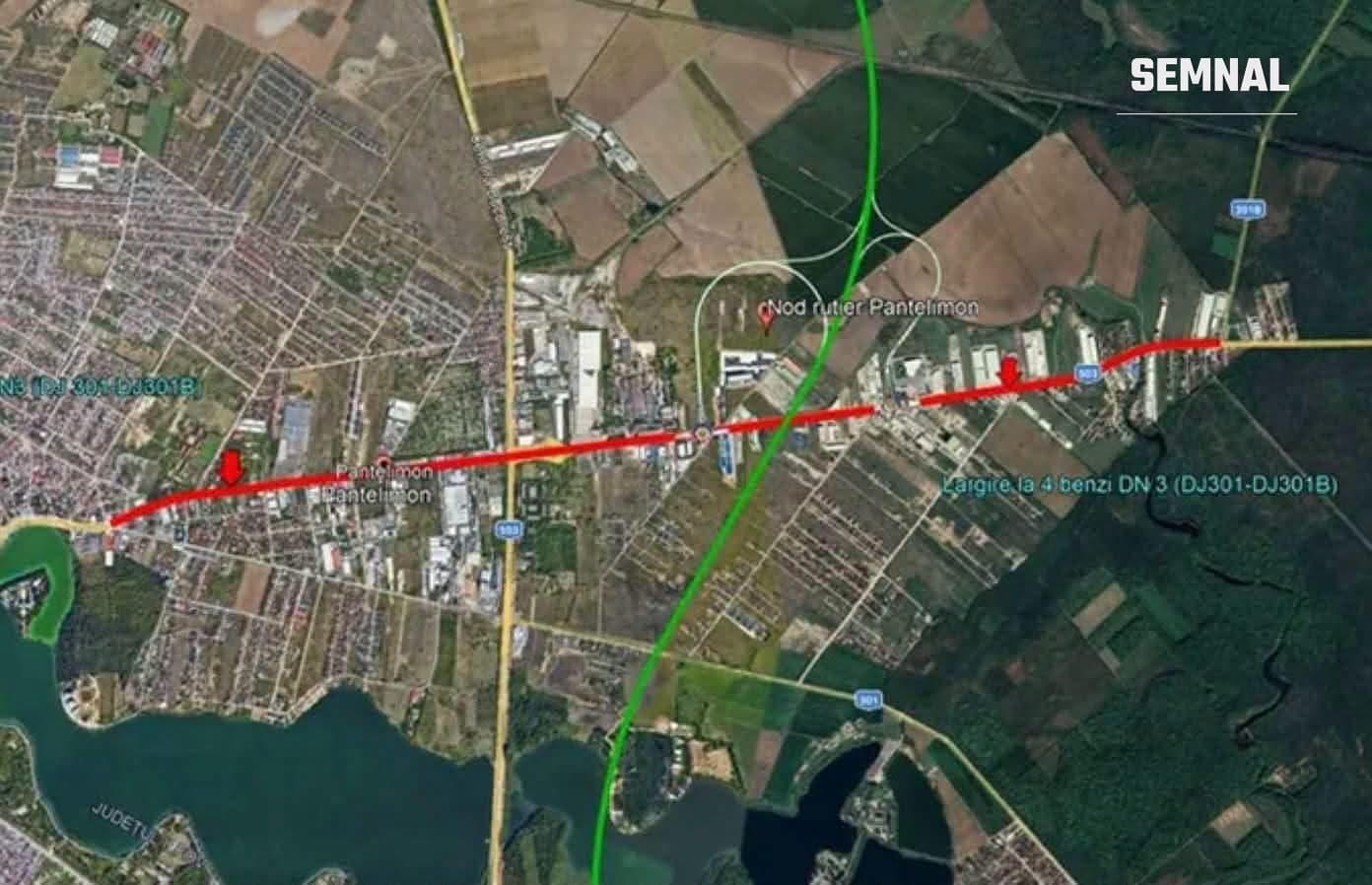 Harta traseului DN3 propus pentru lărgire la patru benzi, între Pantelimon și intersecția cu DJ301B spre Brănești-Găneasa