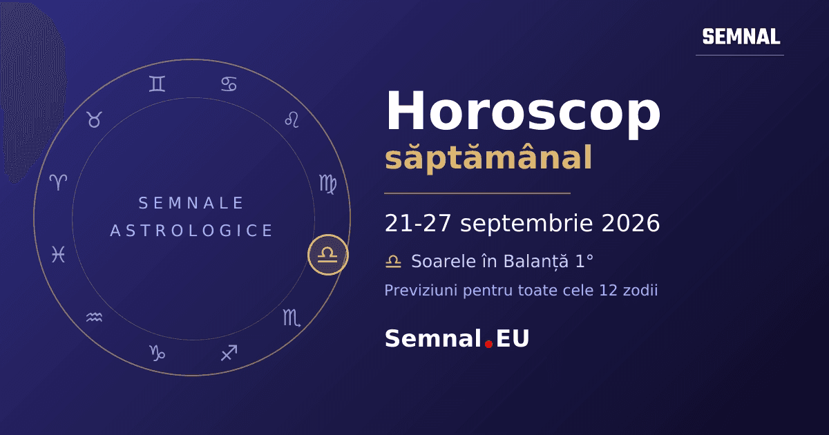 Roată zodiacală cu cele 12 semne, cu semnul în care se află Soarele evidențiat - horoscop săptămânal 21-27 septembrie 2026