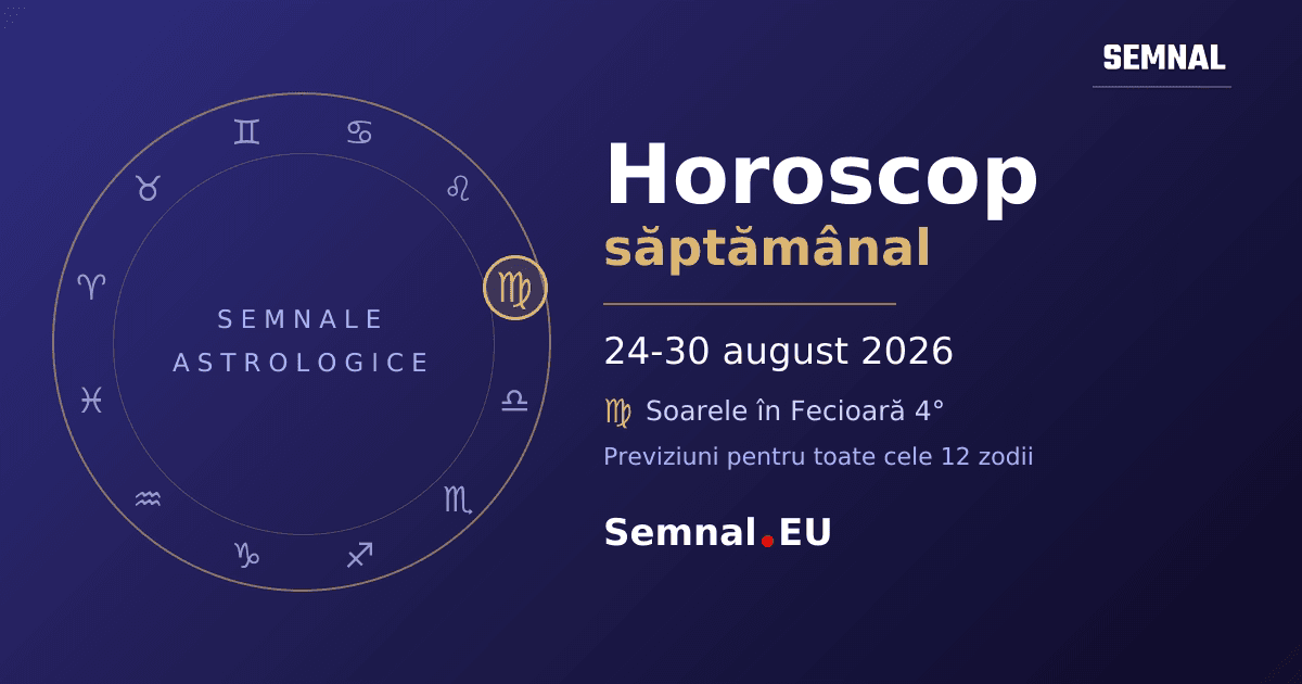 Roată zodiacală cu cele 12 semne, cu semnul în care se află Soarele evidențiat - horoscop săptămânal 24-30 august 2026