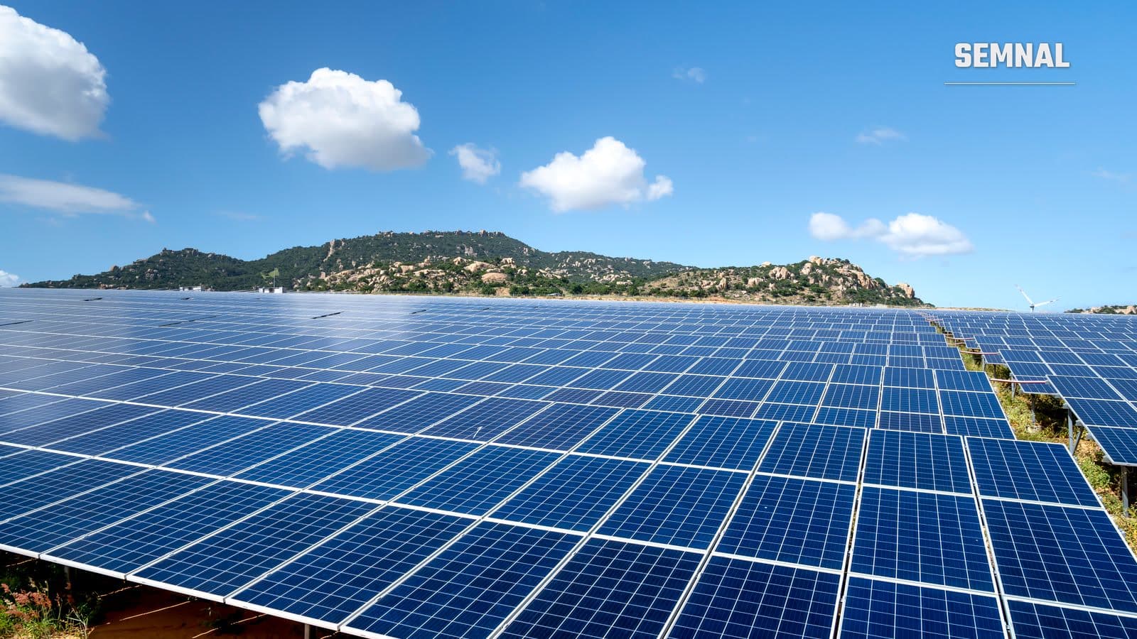 Panouri fotovoltaice albastre instalate în rânduri pe un teren întins, sub un cer senin