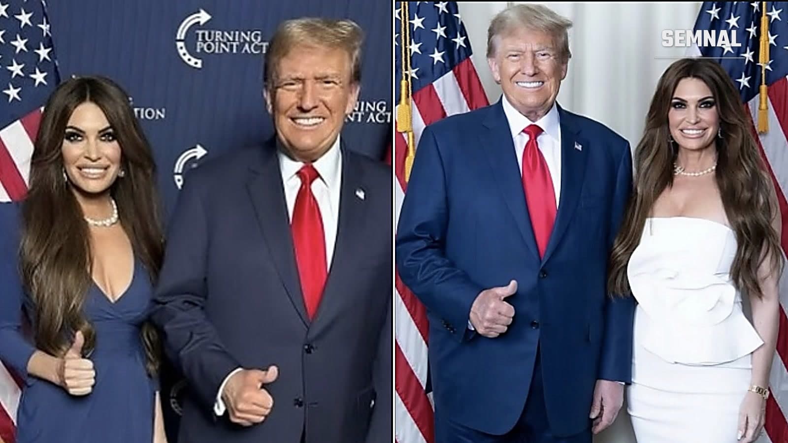 Kimberly Guilfoyle alături de președintele Donald Trump, în două fotografii: la un eveniment Turning Point Action și în fața drapelelor SUA