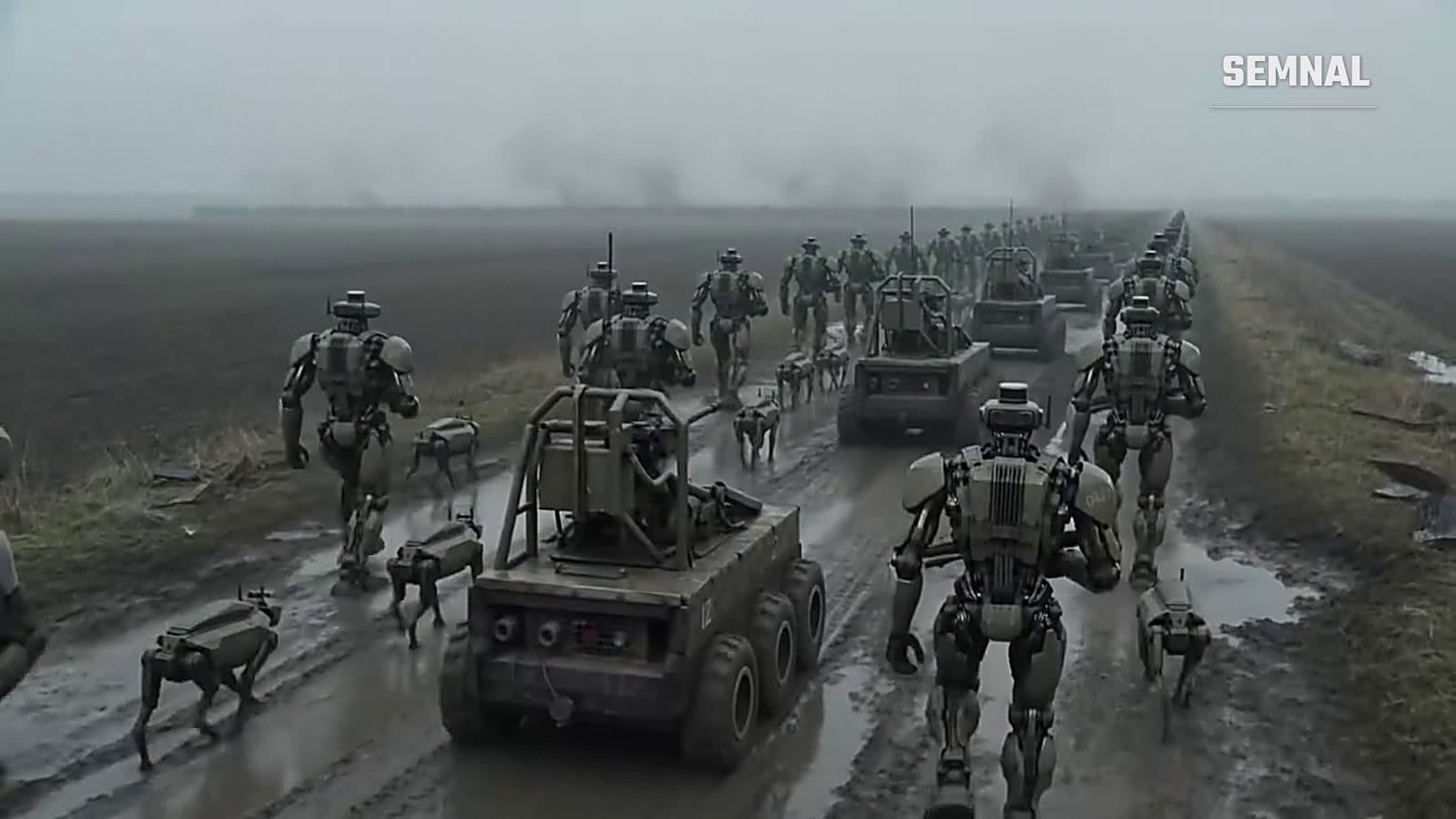 Coloană de roboți umanoizi, roboți-câine și vehicule terestre fără echipaj pe un drum noroios, cadru din videoclipul generat cu AI al proiectului Armata Roboților