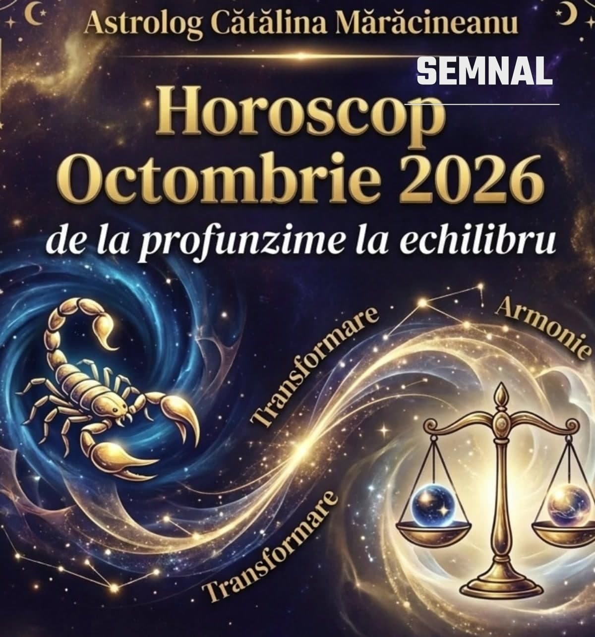 Scorpion și Balanță aurii pe cer înstelat, sub titlul Horoscop Octombrie 2026, de la profunzime la echilibru