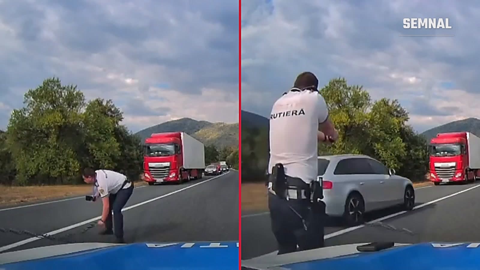 Două cadre din filmarea poliției pe DN6: un agent întinde banda cu țepi pe carosabil, iar un polițist rutier ia poziție de tragere când trece un autoturism gri