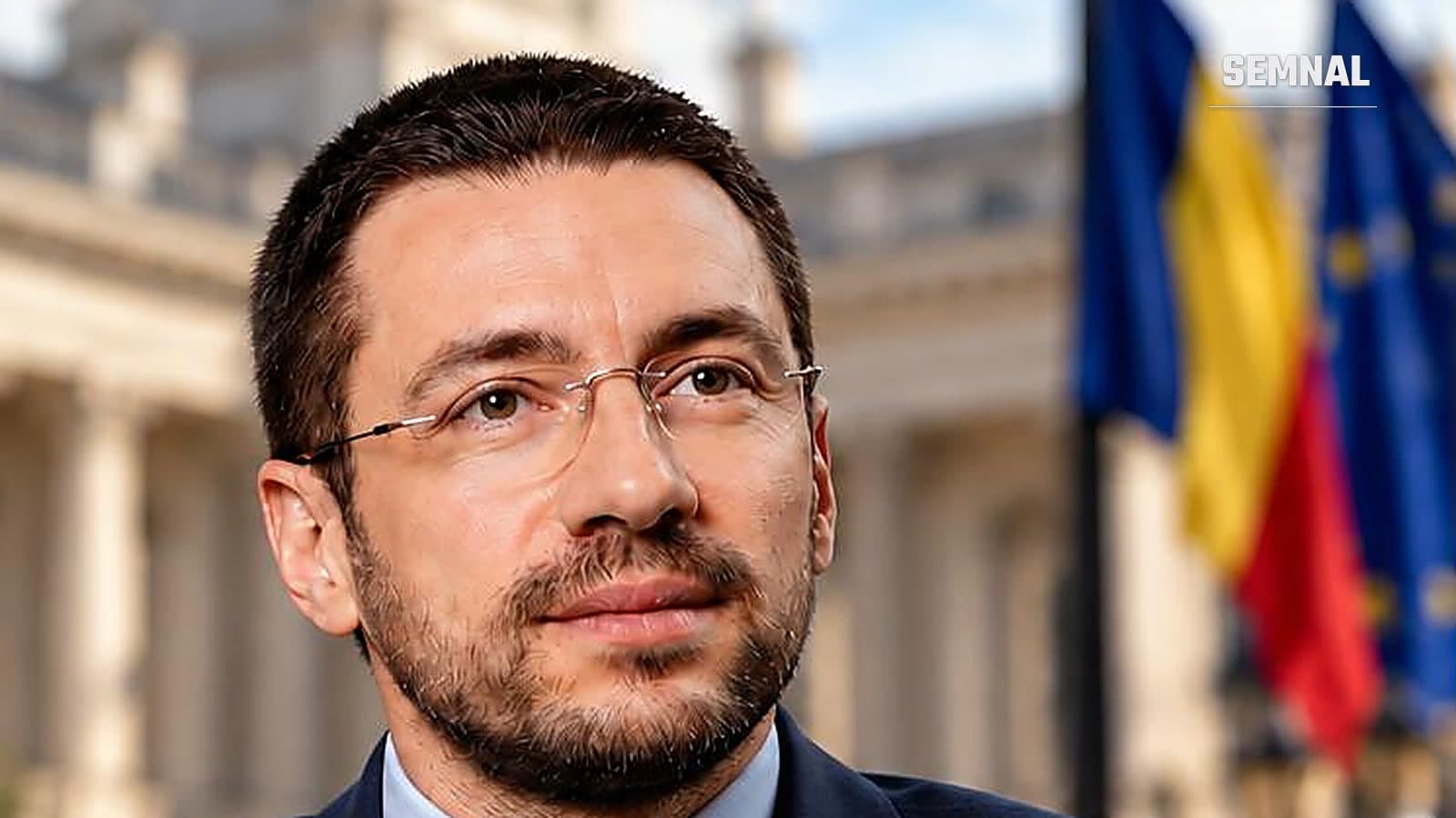 Portret al omului de afaceri clujean Darius Mârza, cu drapelele României și Uniunii Europene în fundal