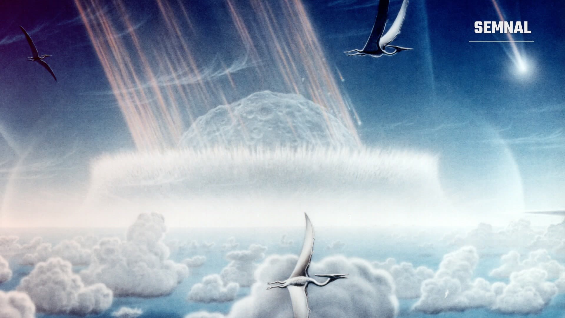 Pictură NASA a impactului asteroidului de la Chicxulub: dom de praf și gaze deasupra mării, cu nori, pterozauri în zbor și un fragment incandescent în colțul din dreapta sus