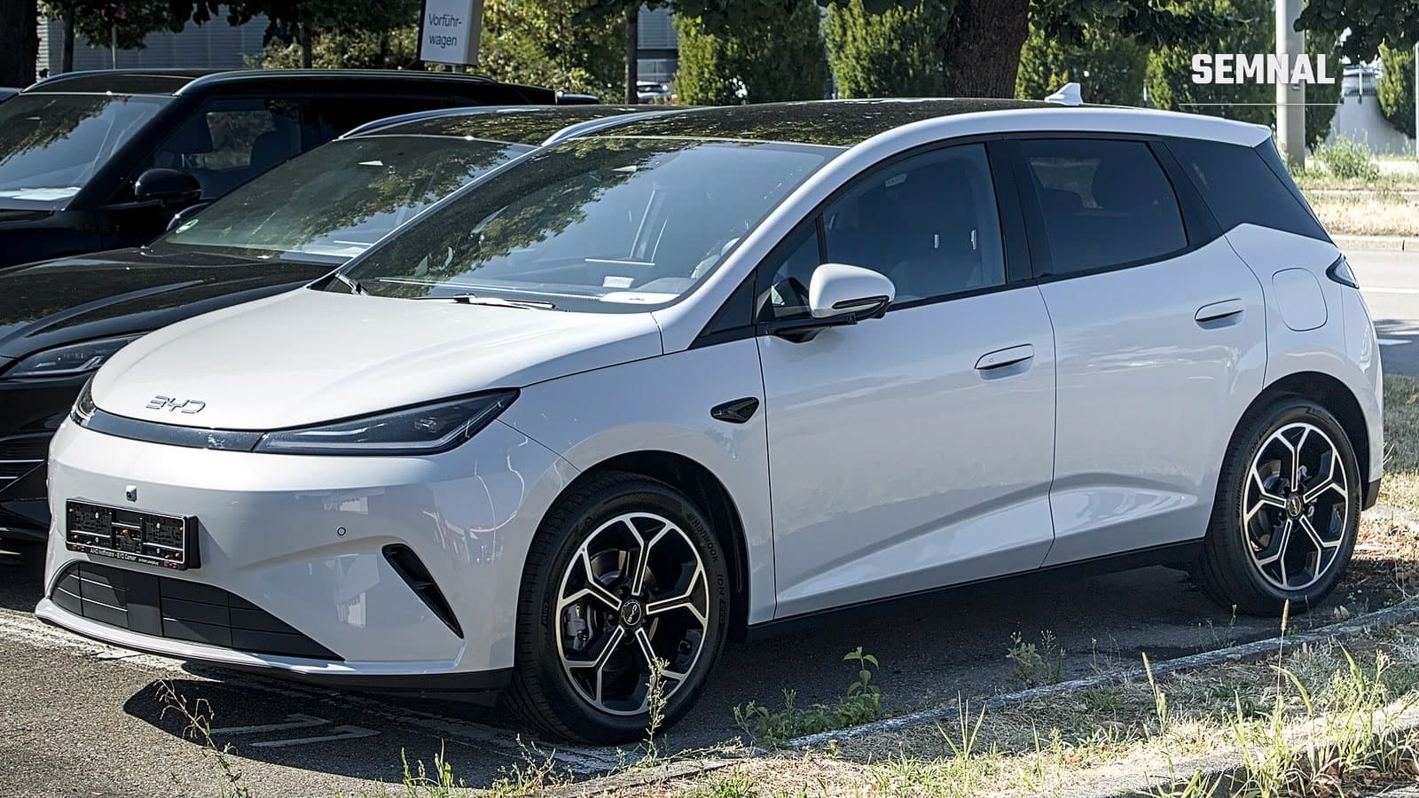 BYD Dolphin G alb, văzut din față și din lateral, parcat într-o parcare din Ludwigsburg, cu jante bicolore și logo BYD pe capotă