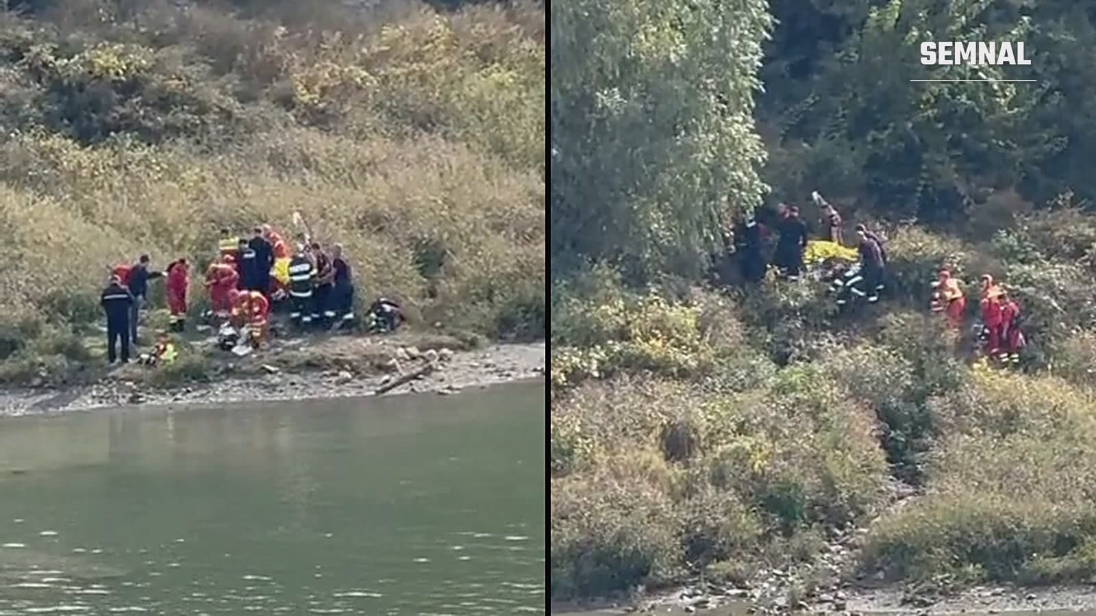 Pompieri și paramedici pe malul Canalului Dunăre-Marea Neagră, la Cernavodă, în timpul intervenției de salvare